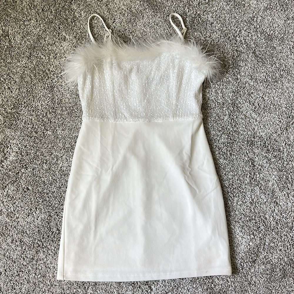 Lulus Sequins and Feathers White Dress